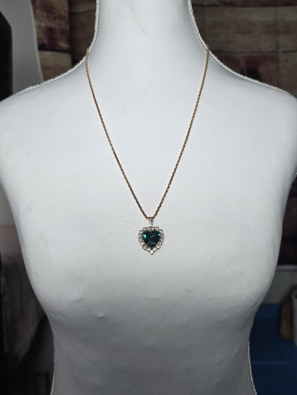 Gold-Tone Necklace with Green Heart Pendant and Crystal Halo